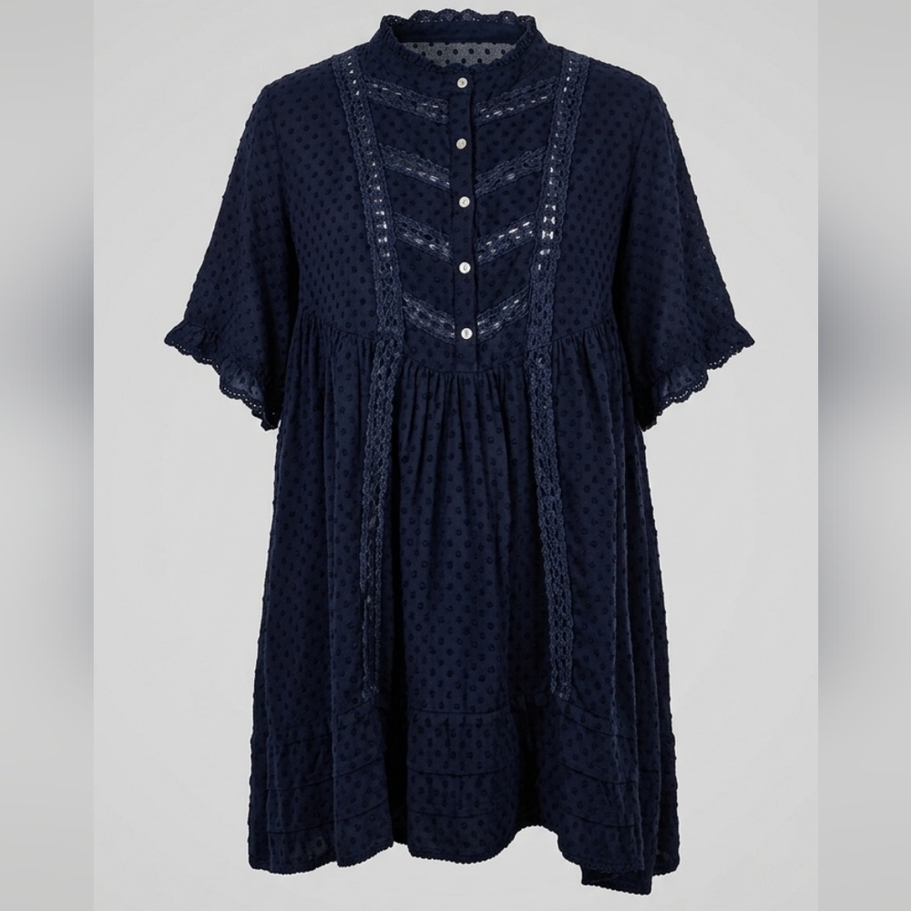 FRNCH Paris Navy Blue Eyelet Lace Mini Dress Scallop High Neck Swiss Dot Boho M